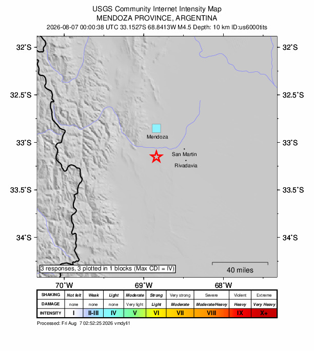 USGS DYFI community-reported intensity map for the M4.5 earthquake near 29 km S of Mendoza, Argentina