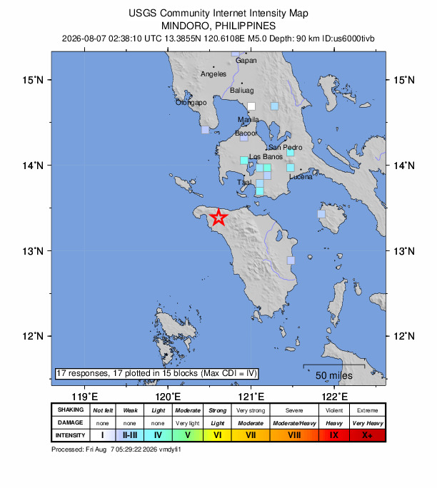 USGS DYFI community-reported intensity map for the M5.0 earthquake near 7 km NW of Cabacao, Philippines