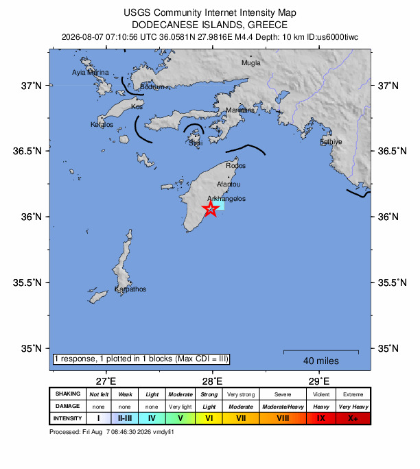 USGS DYFI community-reported intensity map for the M4.4 earthquake near 5 km SW of Lárdos, Greece