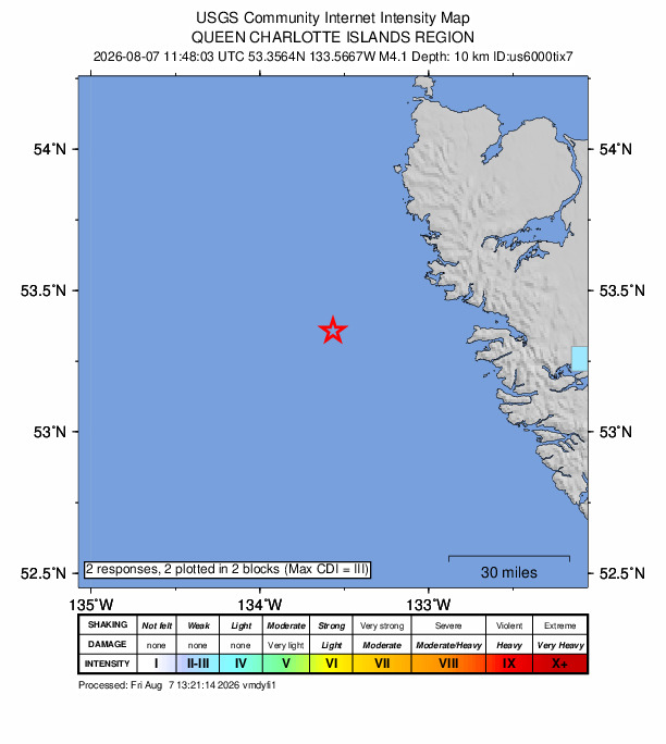 USGS DYFI community-reported intensity map for the M4.1 earthquake near 211 km SSW of Hydaburg, Alaska