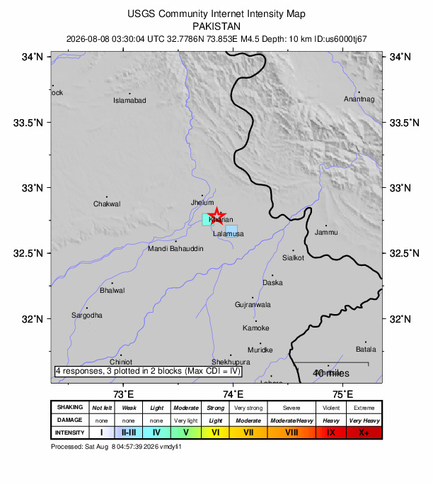 USGS DYFI community-reported intensity map for the M4.5 earthquake near 2 km ESE of Mehmand Chak, Pakistan
