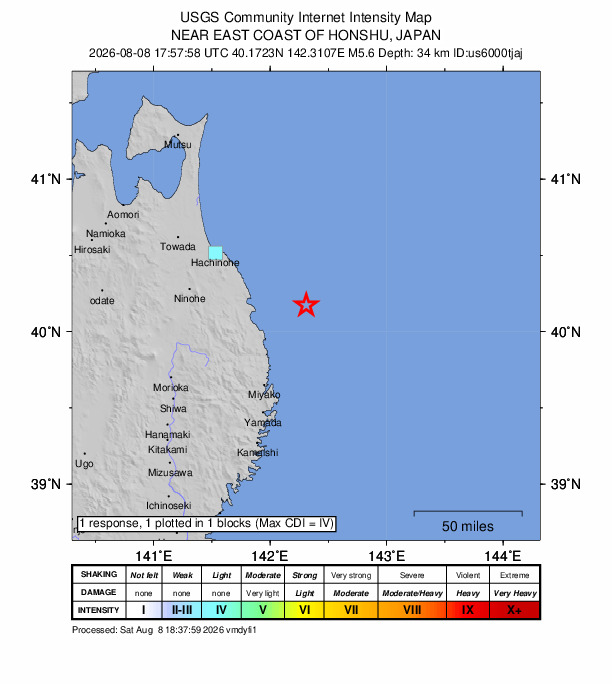USGS DYFI community-reported intensity map for the M5.6 earthquake near 42 km E of Noda, Japan
