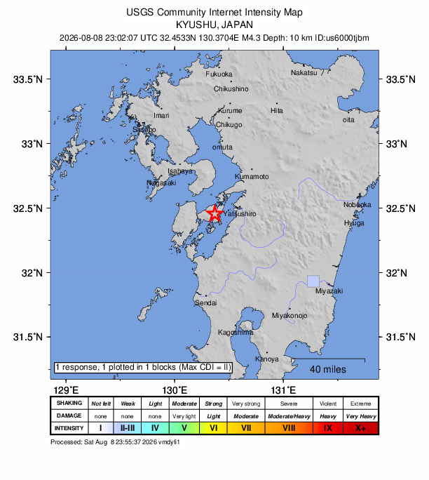 USGS DYFI community-reported intensity map for the M4.3 earthquake near 16 km E of Amakusa, Japan