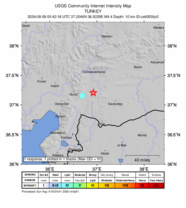 USGS DYFI community-reported intensity map for the M4.4 earthquake near 17 km ENE of Nurdağı, Turkey