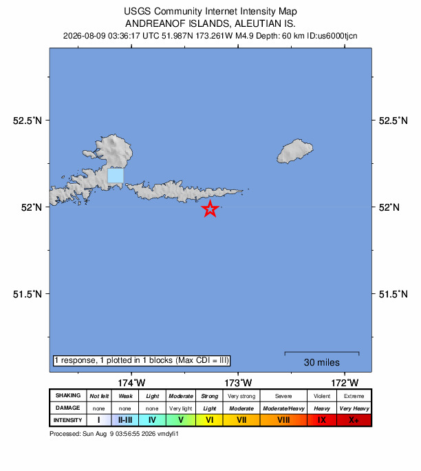 USGS DYFI community-reported intensity map for the M4.9 earthquake near 68 km ESE of Atka, Alaska