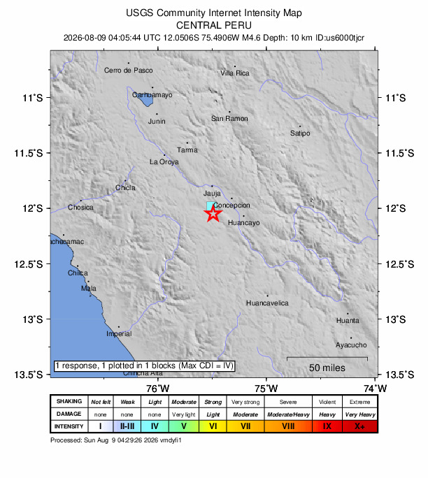 USGS DYFI community-reported intensity map for the M4.6 earthquake near 12 km W of Chambara, Peru