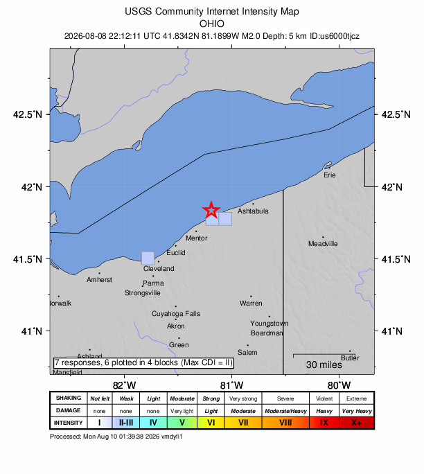 USGS DYFI community-reported intensity map for the M2.0 earthquake near 6 km WNW of North Perry, Ohio
