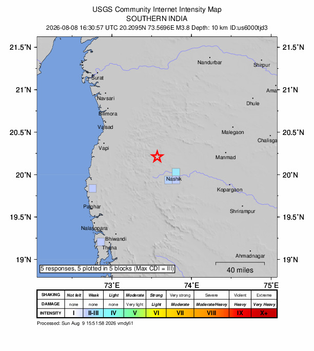 USGS DYFI community-reported intensity map for the M3.8 earthquake near 30 km N of Trimbak, India