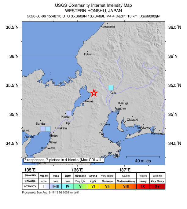 USGS DYFI community-reported intensity map for the M4.4 earthquake near 7 km NE of Maibara, Japan