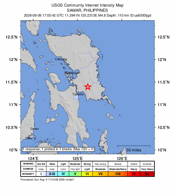 USGS DYFI community-reported intensity map for the M4.8 earthquake near 7 km ESE of Mabini, Philippines