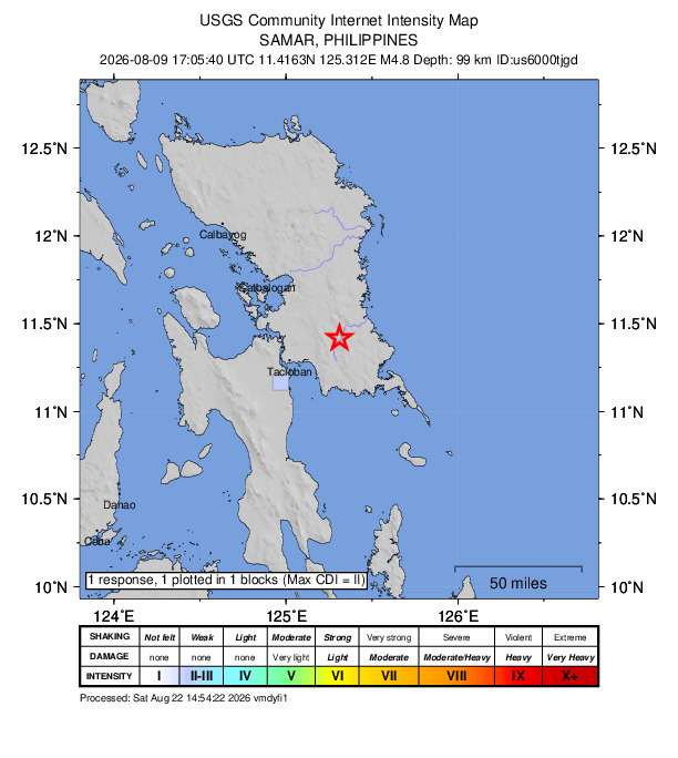 USGS DYFI community-reported intensity map for the M4.8 earthquake near 15 km E of Mabini, Philippines