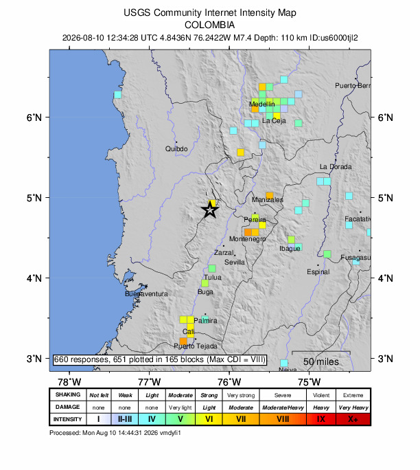 USGS DYFI community-reported intensity map for the M7.4 earthquake near 5 km S of San José del Palmar, Colombia