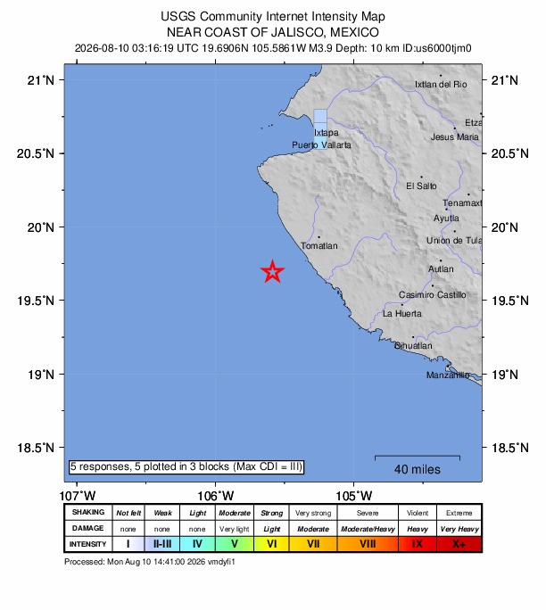 USGS DYFI community-reported intensity map for the M3.9 earthquake near 36 km WSW of Campo Acosta, Mexico