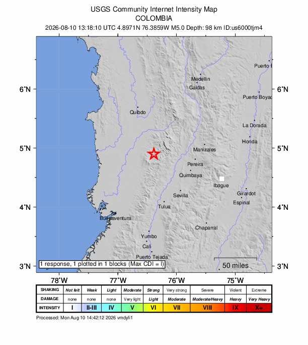 USGS DYFI community-reported intensity map for the M5.0 earthquake near 16 km W of San José del Palmar, Colombia