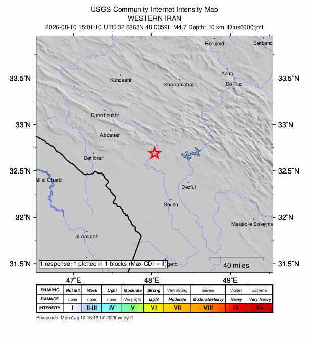 USGS DYFI community-reported intensity map for the M4.7 earthquake near 55 km NW of Shahrak-e Kūlūrī, Iran