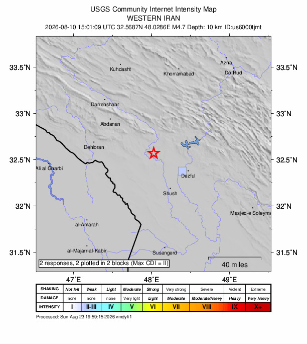 USGS DYFI community-reported intensity map for the M4.7 earthquake near 46 km NNW of Shūsh, Iran