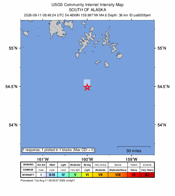 USGS DYFI community-reported intensity map for the M4.6 earthquake near 99 km SSE of Sand Point, Alaska