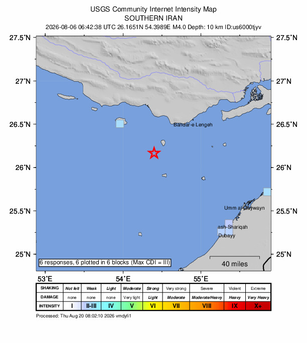 USGS DYFI community-reported intensity map for the M4.0 earthquake near 57 km SE of Kīsh, Iran