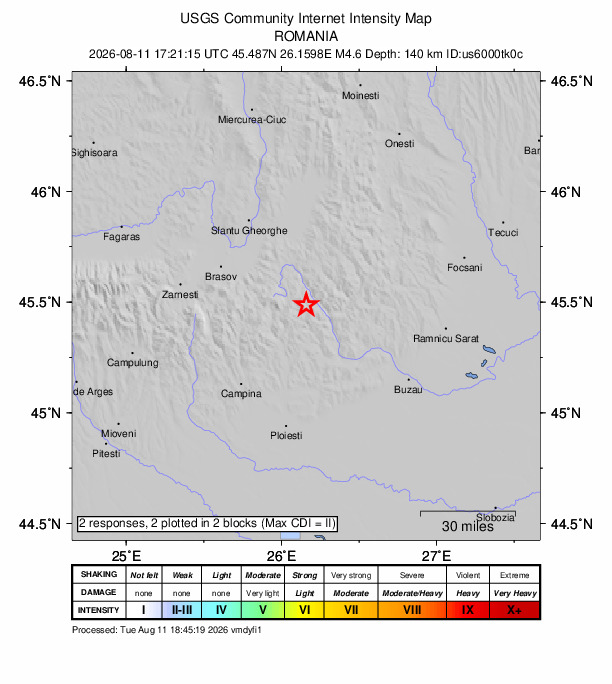USGS DYFI community-reported intensity map for the M4.6 earthquake near 7 km W of Lunca Jariștei, Romania