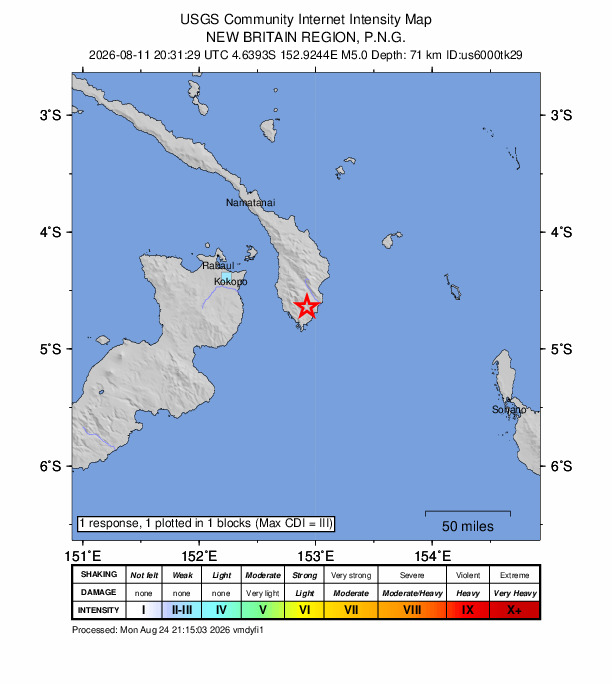 USGS DYFI community-reported intensity map for the M5.0 earthquake near 79 km ESE of Kokopo, Papua New Guinea