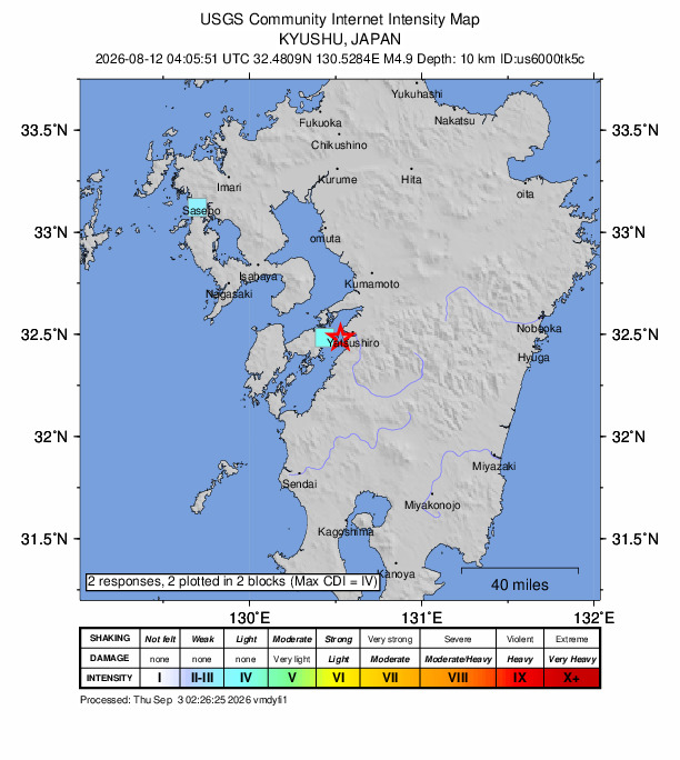 USGS DYFI community-reported intensity map for the M4.9 earthquake near 7 km WSW of Honmachi, Japan