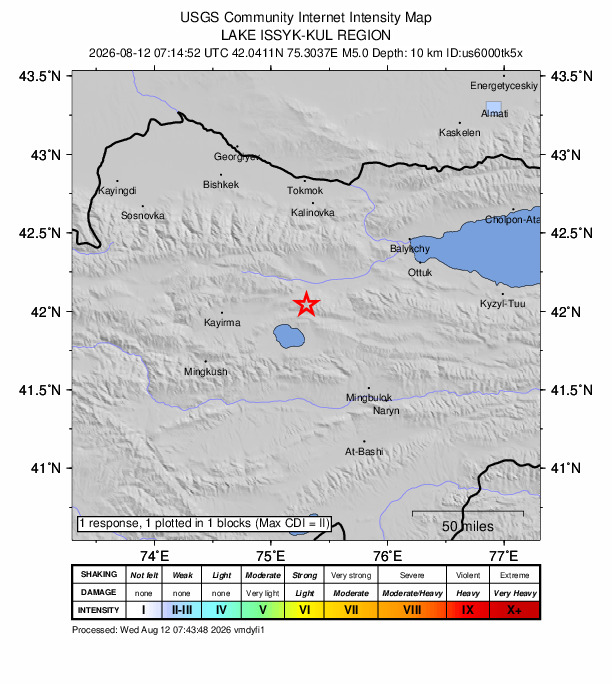 USGS DYFI community-reported intensity map for the M5.0 earthquake near 66 km E of Chayek, Kyrgyzstan