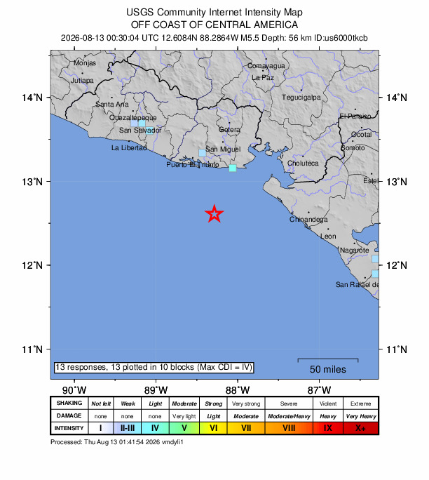 USGS DYFI community-reported intensity map for the M5.5 earthquake near 69 km SSW of Chirilagua, El Salvador