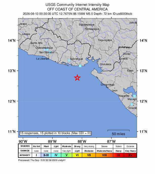 USGS DYFI community-reported intensity map for the M5.5 earthquake near 48 km SSW of Intipucá, El Salvador