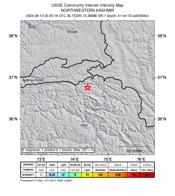 USGS DYFI community-reported intensity map for the M5.1 earthquake near 54 km NNW of Barishal, Pakistan