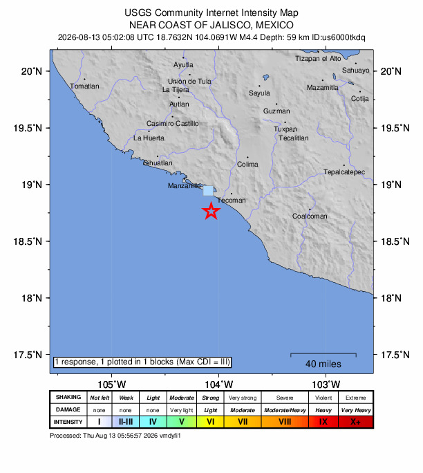 USGS DYFI community-reported intensity map for the M4.4 earthquake near 17 km S of Cuyutlán, Mexico