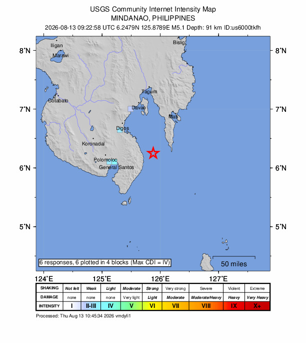 USGS DYFI community-reported intensity map for the M5.1 earthquake near 22 km ENE of Lapuan, Philippines