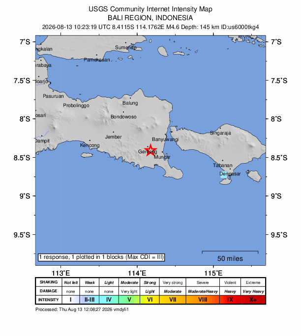 USGS DYFI community-reported intensity map for the M4.6 earthquake near 3 km ESE of Gambiran Satu, Indonesia