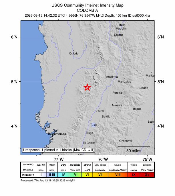 USGS DYFI community-reported intensity map for the M4.3 earthquake near 13 km WSW of San José del Palmar, Colombia