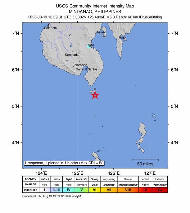 USGS DYFI community-reported intensity map for the M5.3 earthquake near 11 km S of Sarangani, Philippines