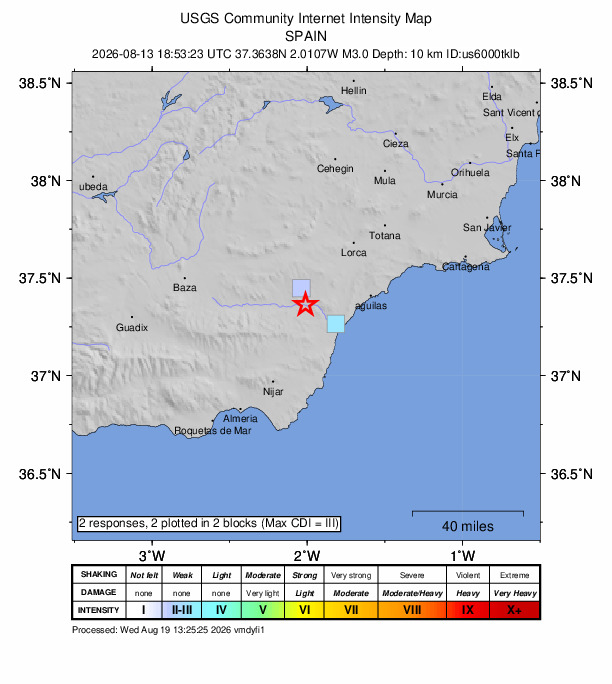 USGS DYFI community-reported intensity map for the M3.0 earthquake near 3 km NE of Zurgena, Spain