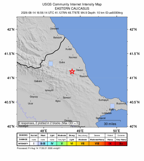 USGS DYFI community-reported intensity map for the M4.9 earthquake near 19 km WSW of Divichibazar, Azerbaijan