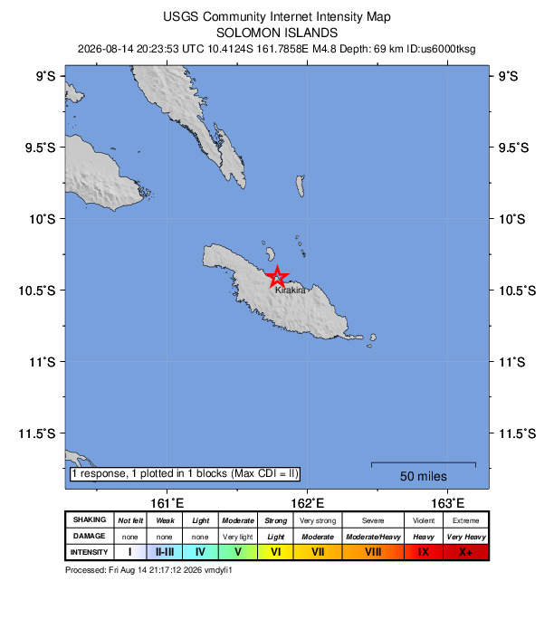 USGS DYFI community-reported intensity map for the M4.8 earthquake near 15 km WNW of Kirakira, Solomon Islands