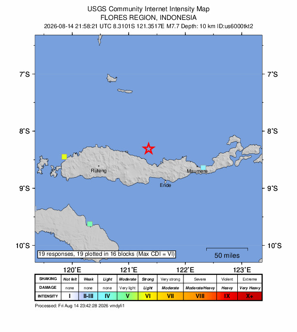 USGS DYFI community-reported intensity map for the M7.7 earthquake near 68 km NNW of Ende, Indonesia