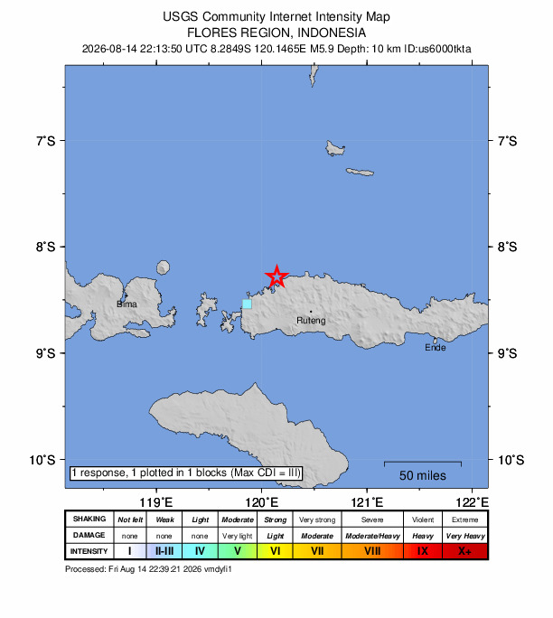 USGS DYFI community-reported intensity map for the M5.9 earthquake near 36 km NE of Labuan Bajo, Indonesia