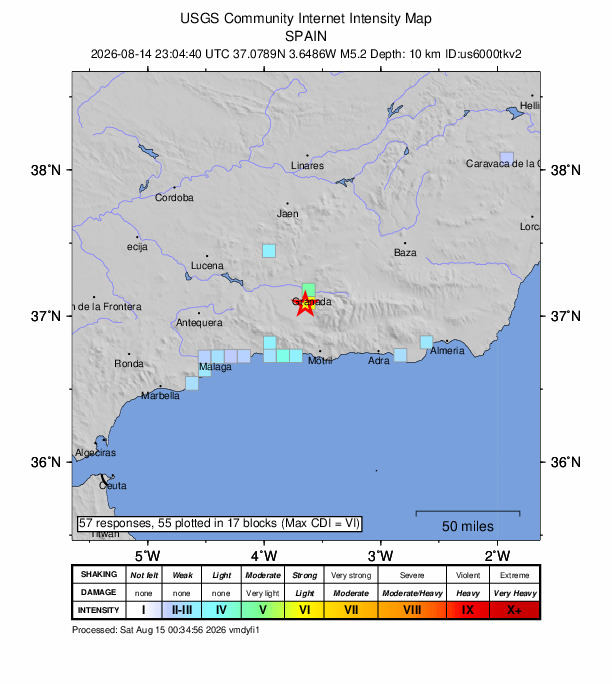 USGS DYFI community-reported intensity map for the M5.2 earthquake near 1 km SW of Otura, Spain