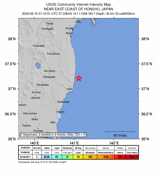 USGS DYFI community-reported intensity map for the M4.7 earthquake near 16 km SSE of Tomioka, Japan