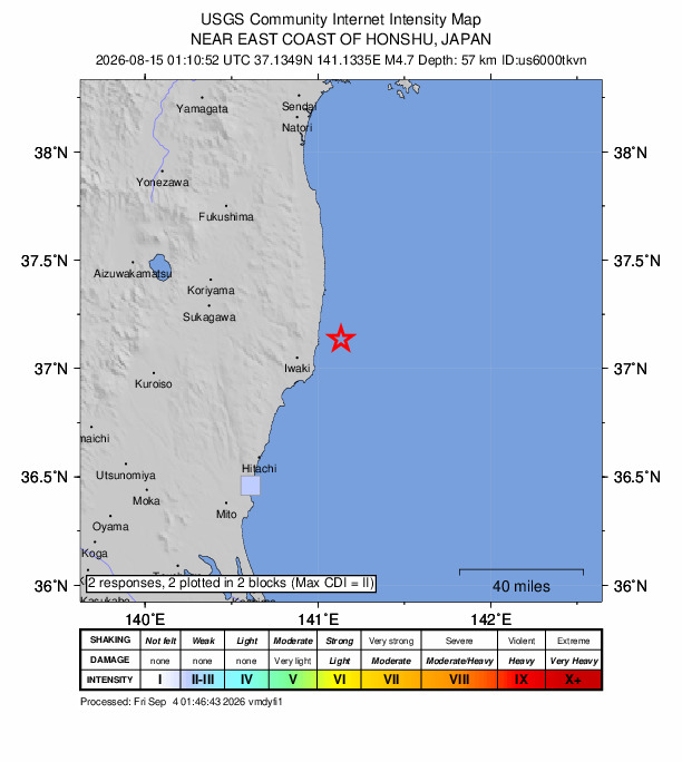 USGS DYFI community-reported intensity map for the M4.7 earthquake near 24 km ENE of Iwaki, Japan