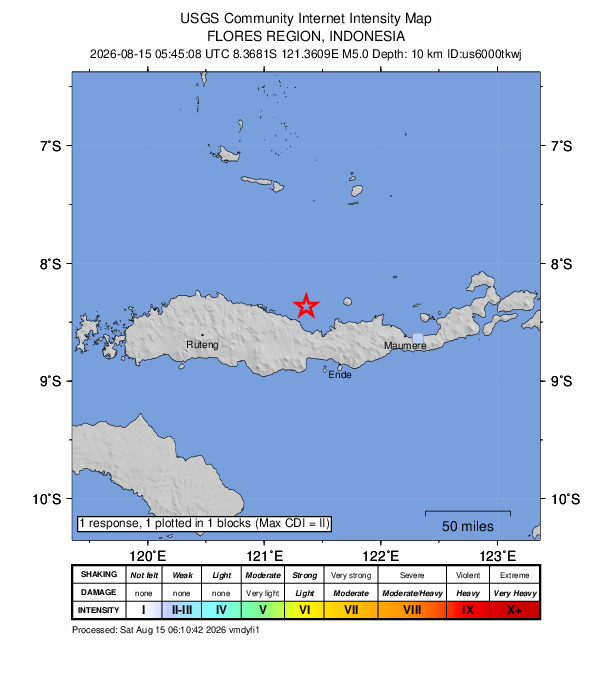 USGS DYFI community-reported intensity map for the M5.0 earthquake near 62 km NNW of Ende, Indonesia