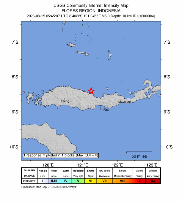 USGS DYFI community-reported intensity map for the M5.0 earthquake near 66 km NW of Ende, Indonesia
