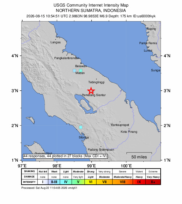 USGS DYFI community-reported intensity map for the M6.9 earthquake near 9 km WNW of Pematangsiantar, Indonesia