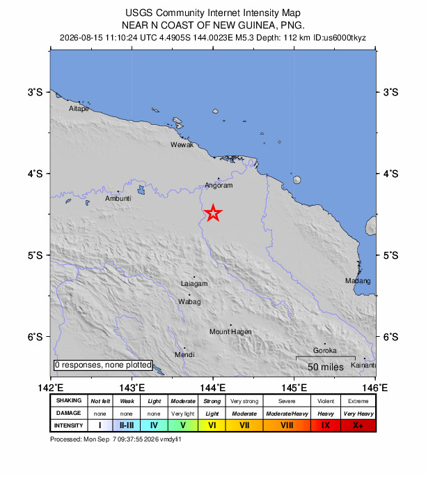 USGS DYFI community-reported intensity map for the M5.3 earthquake near 47 km S of Angoram, Papua New Guinea
