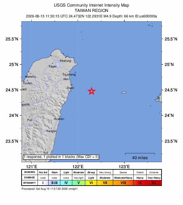 USGS DYFI community-reported intensity map for the M4.9 earthquake near 63 km ESE of Yilan, Taiwan