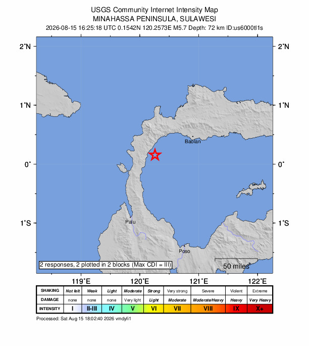 USGS DYFI community-reported intensity map for the M5.7 earthquake near 125 km NNE of Palu, Indonesia