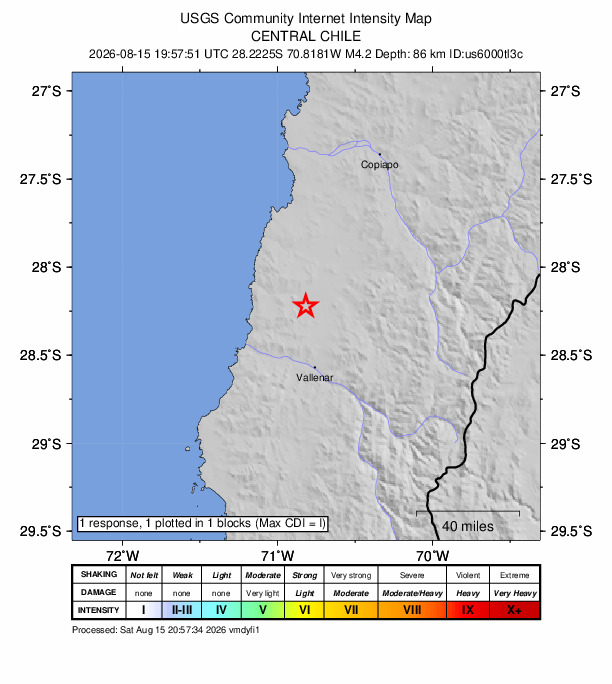 USGS DYFI community-reported intensity map for the M4.2 earthquake near 39 km N of Vallenar, Chile