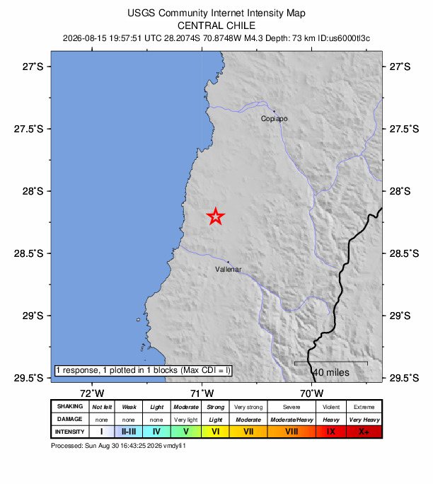 USGS DYFI community-reported intensity map for the M4.3 earthquake near 42 km NNW of Vallenar, Chile